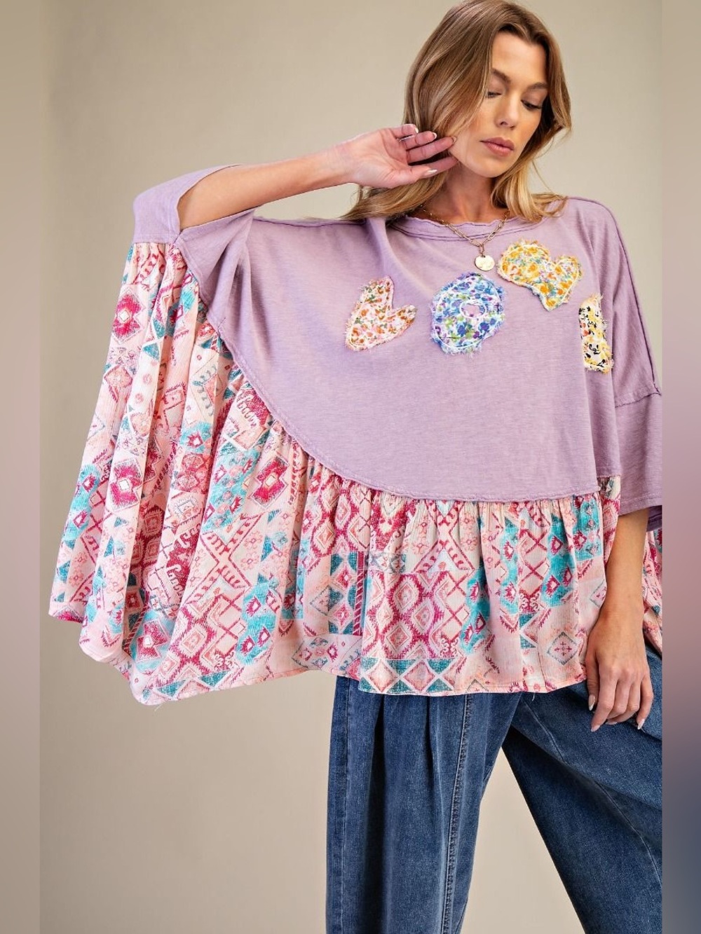 New! ⚫️Easel Lavender Patchwork Ruffled Swing Tunic